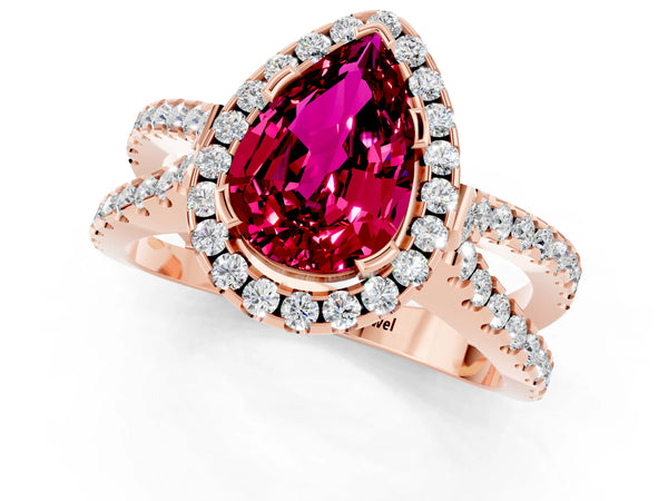 Rose gold Pear Cut Garnet Halo Ring with Split Shank Pavé Band and Prong Setting