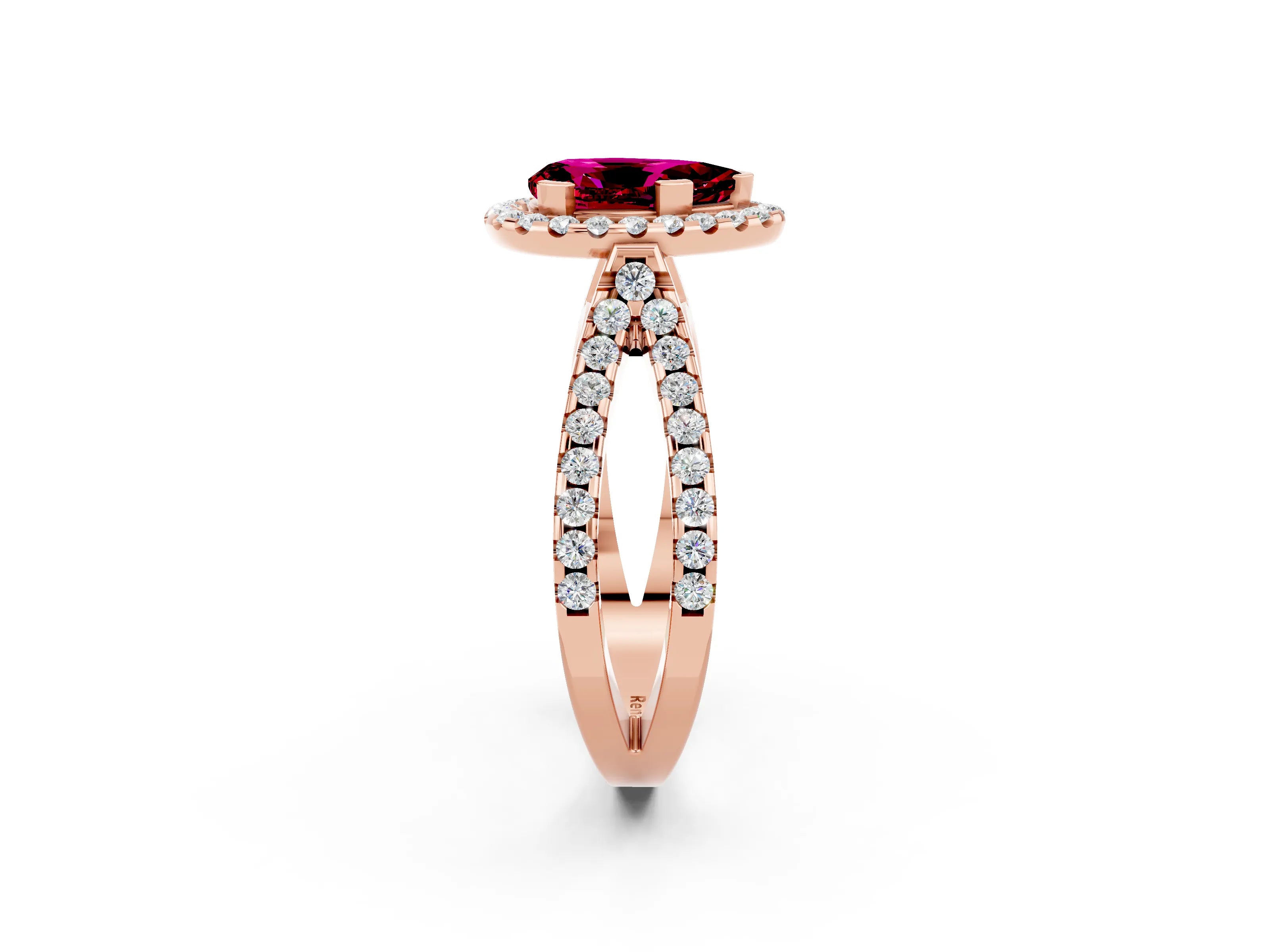 Rose gold Pear Cut Garnet Halo Ring with Split Shank Pavé Band and Prong Setting_2