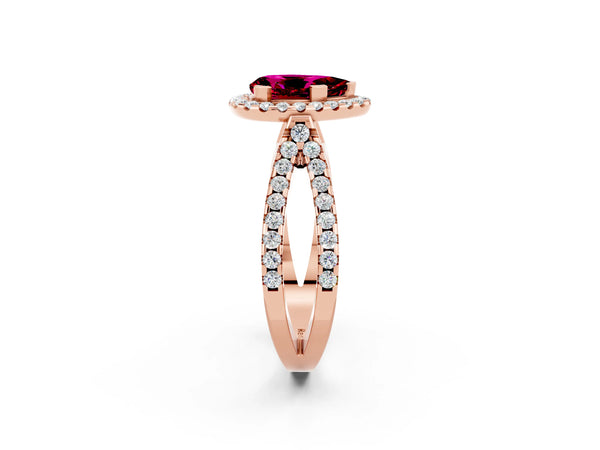 Rose gold Pear Cut Garnet Halo Ring with Split Shank Pavé Band and Prong Setting