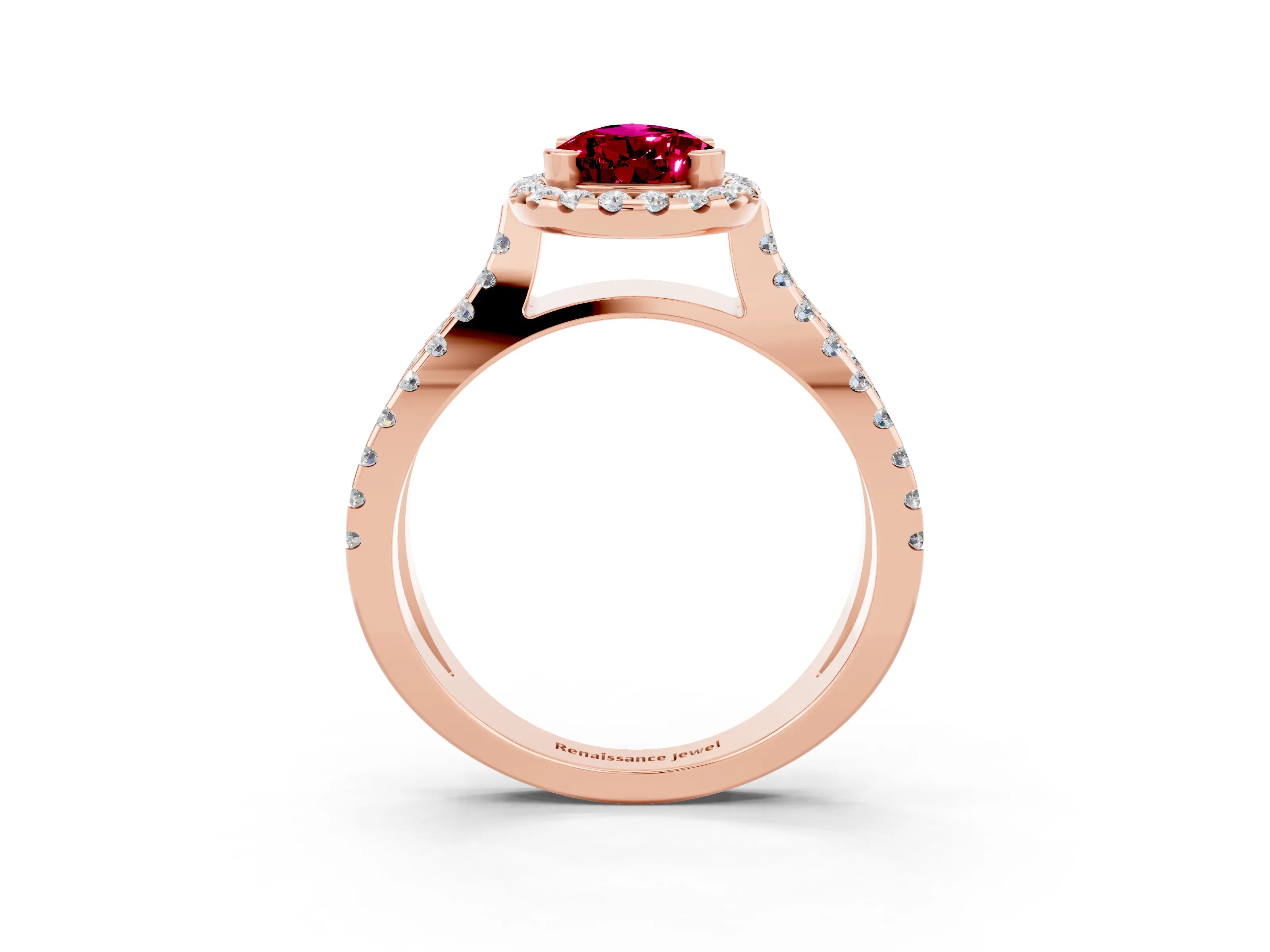 Rose gold Pear Cut Garnet Halo Ring with Split Shank Pavé Band and Prong Setting_3