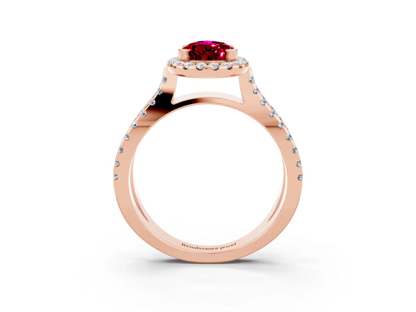 Rose gold Pear Cut Garnet Halo Ring with Split Shank Pavé Band and Prong Setting