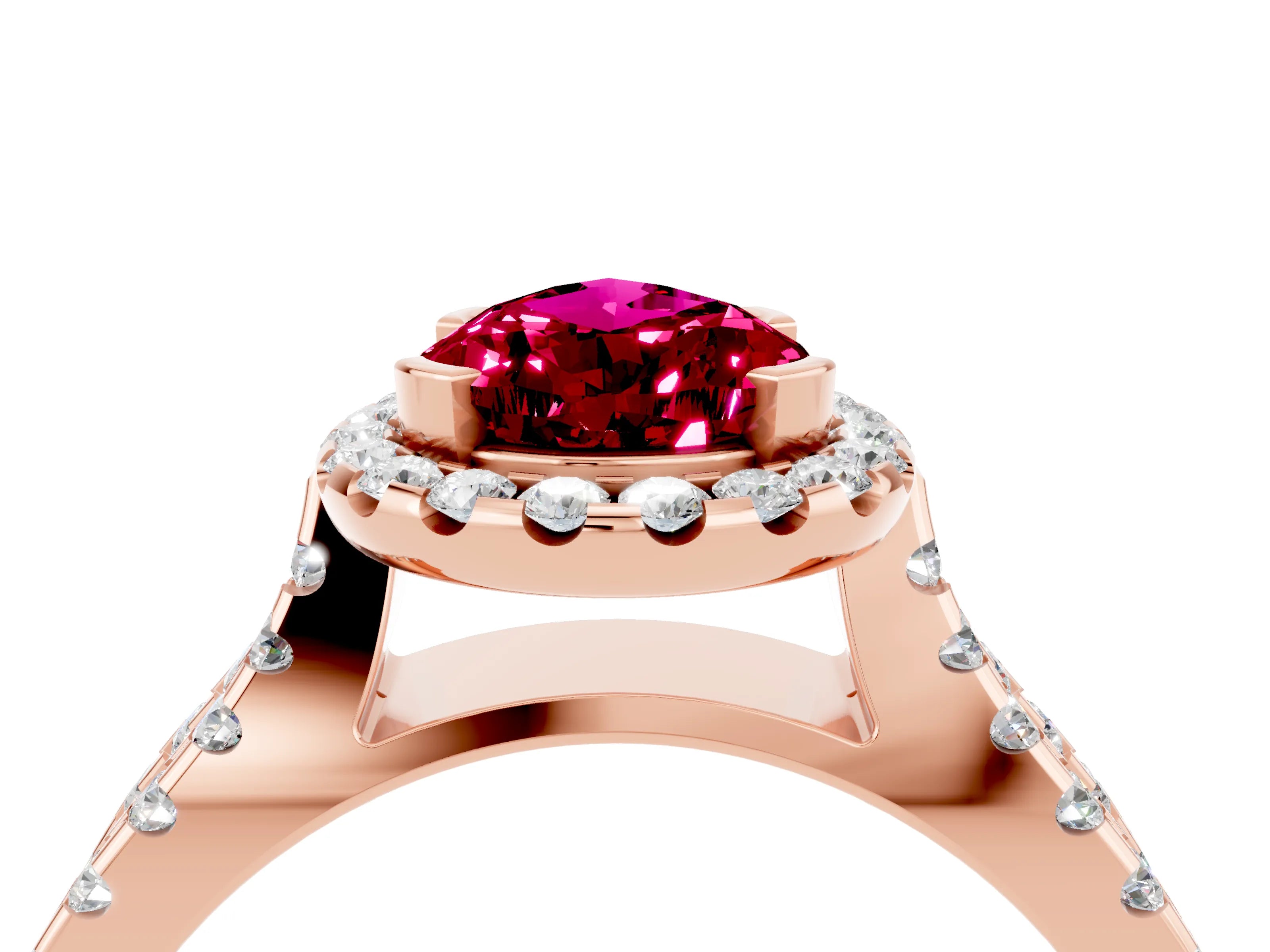 Rose gold Pear Cut Garnet Halo Ring with Split Shank Pavé Band and Prong Setting_4