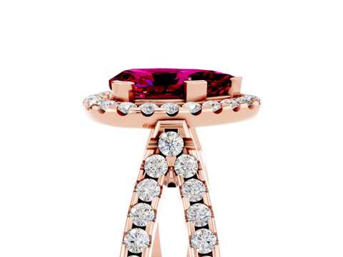 Rose gold Pear Cut Garnet Halo Ring with Split Shank Pavé Band and Prong Setting_5