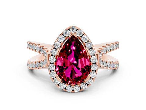 Rose gold Pear Cut Garnet Halo Ring with Split Shank Pavé Band and Prong Setting