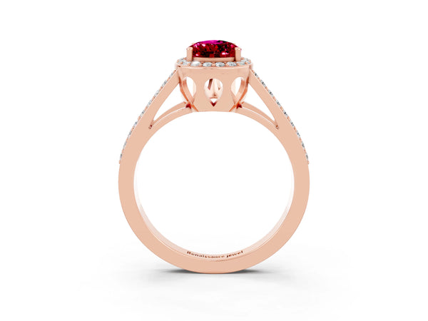 Rose gold Pear Cut Garnet Halo Ring with Split Shank U-Prong Band and Four-Prong Setting