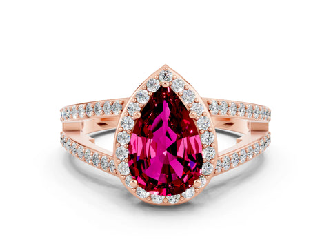 Rose gold Pear Cut Garnet Halo Ring with Split Shank U-Prong Band and Four-Prong Setting