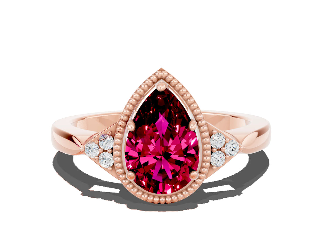 Rose gold Pear Cut Garnet Halo Ring with Tapered Band and Four-Prong Setting