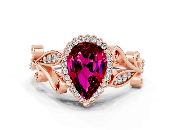 Rose gold Pear Cut Garnet Halo Ring with Vintage Split Shank and Four-Prong Setting