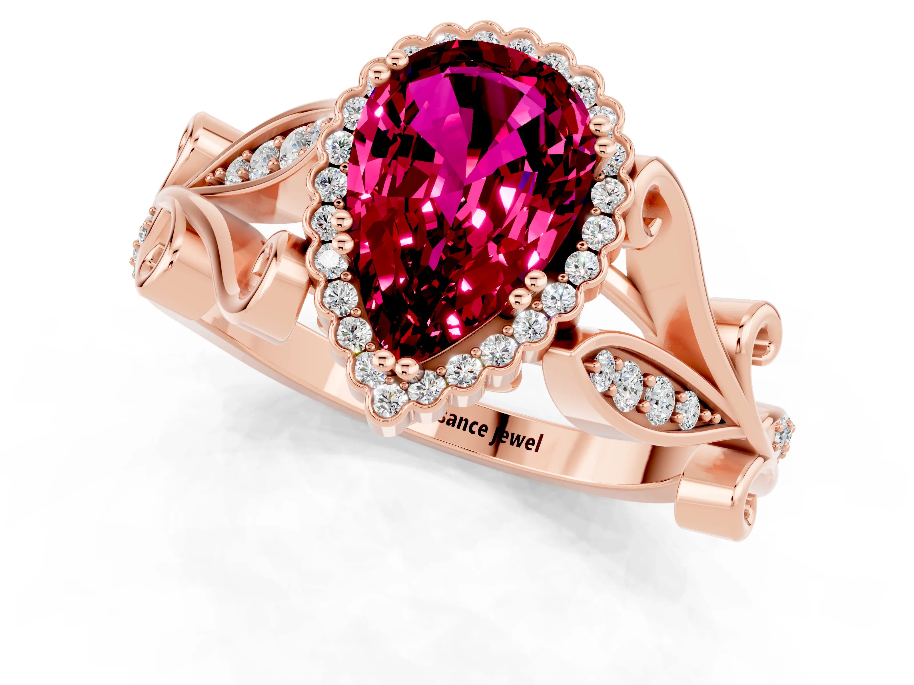 Rose gold Pear Cut Garnet Halo Ring with Vintage Split Shank and Four-Prong Setting_1