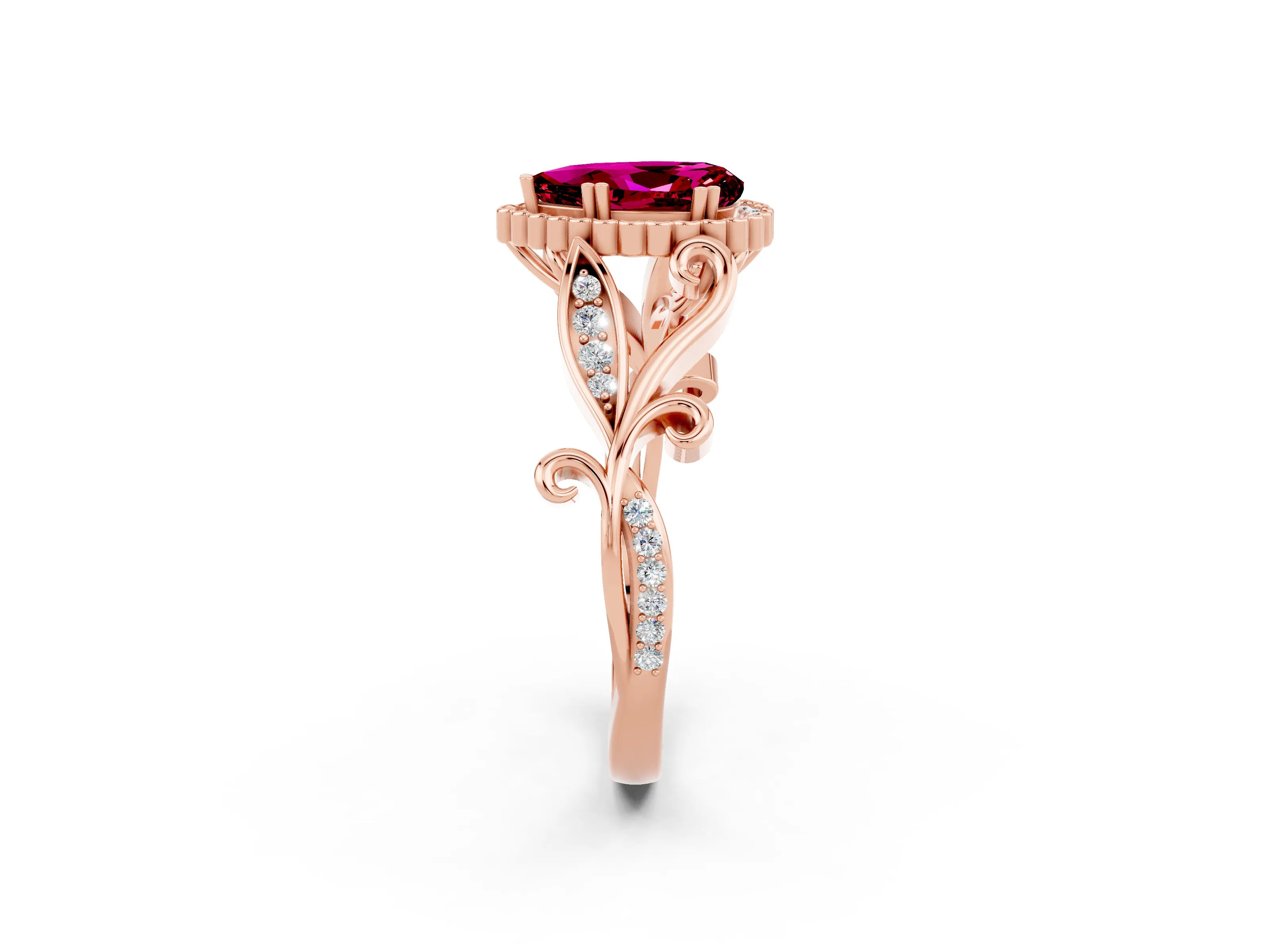 Rose gold Pear Cut Garnet Halo Ring with Vintage Split Shank and Four-Prong Setting_2