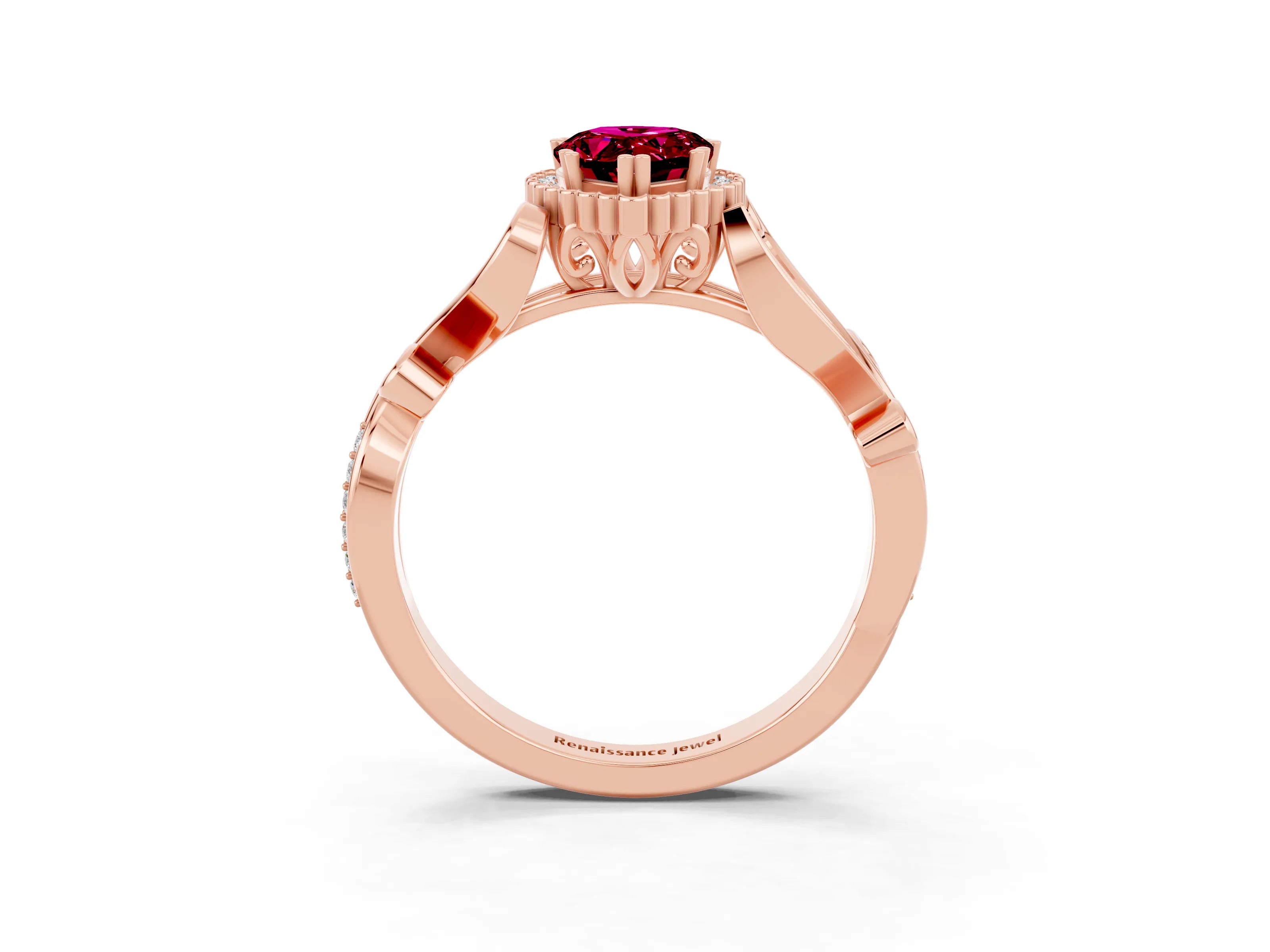 Rose gold Pear Cut Garnet Halo Ring with Vintage Split Shank and Four-Prong Setting_3