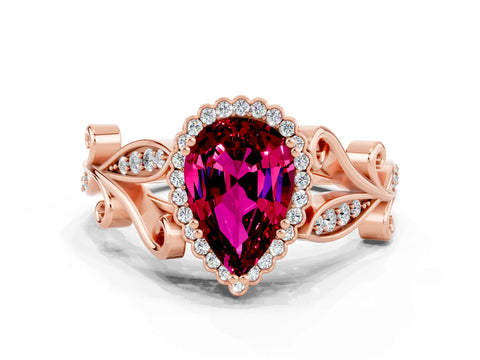 Rose gold Pear Cut Garnet Halo Ring with Vintage Split Shank and Four-Prong Setting
