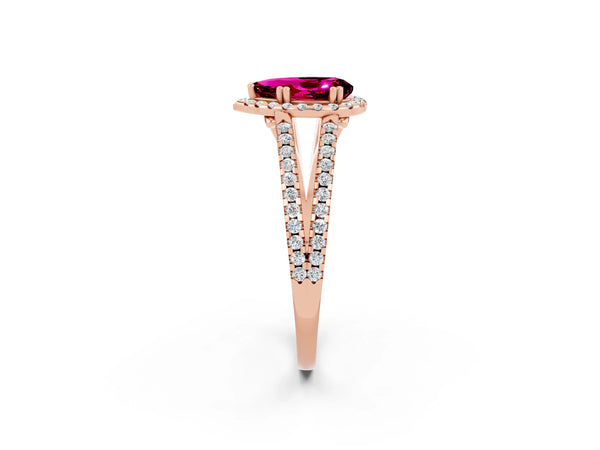 Rose gold Pear Cut Garnet Halo Split Shank Engagement Ring