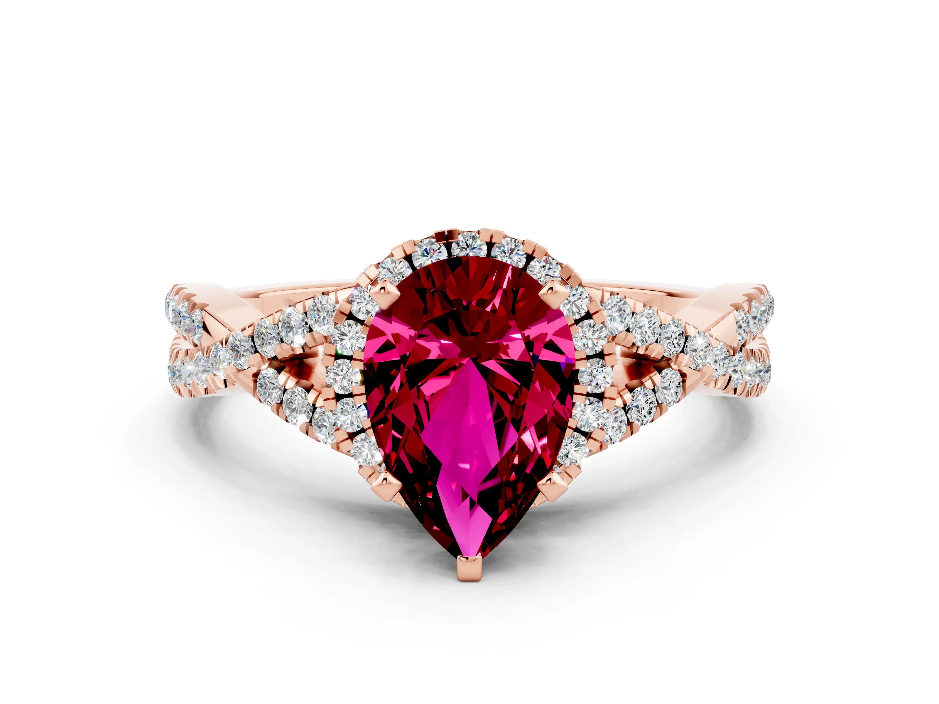 Rose gold Pear Cut Garnet Halo Twist Band Solitaire Prong Setting Ring