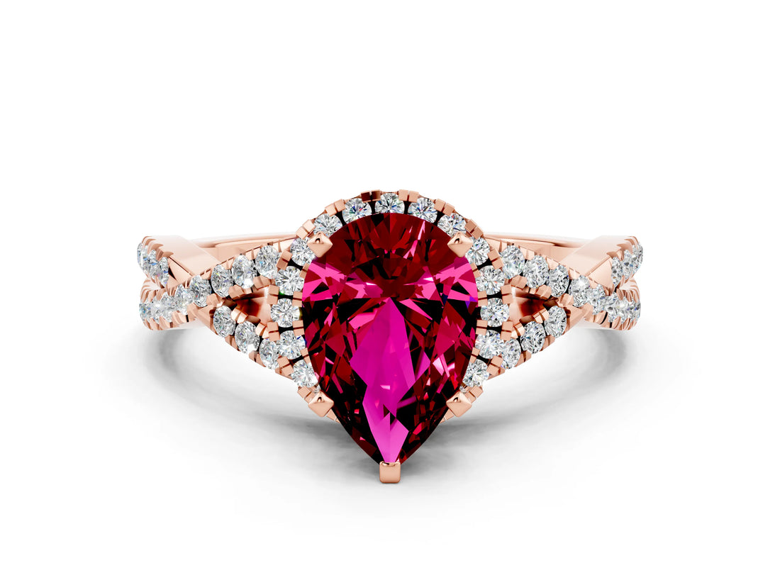 Rose gold Pear Cut Garnet Halo Twist Band Solitaire Prong Setting Ring