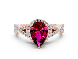 Rose gold Pear Cut Garnet Halo Twist Band Solitaire Prong Setting Ring