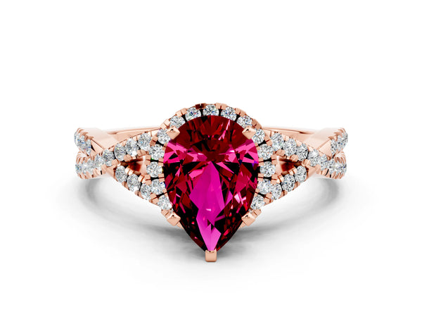 Rose gold Pear Cut Garnet  Halo Twist Band Solitaire Prong Setting Ring