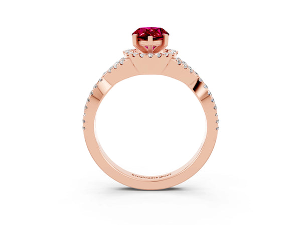 Rose gold Pear Cut Garnet  Halo Twist Band Solitaire Prong Setting Ring