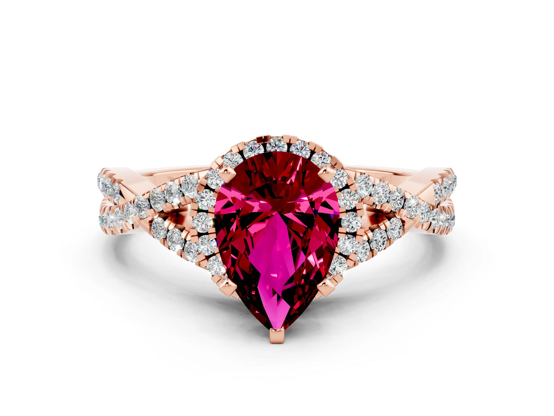 Rose gold Pear Cut Garnet  Halo Twist Band Solitaire Prong Setting Ring_42