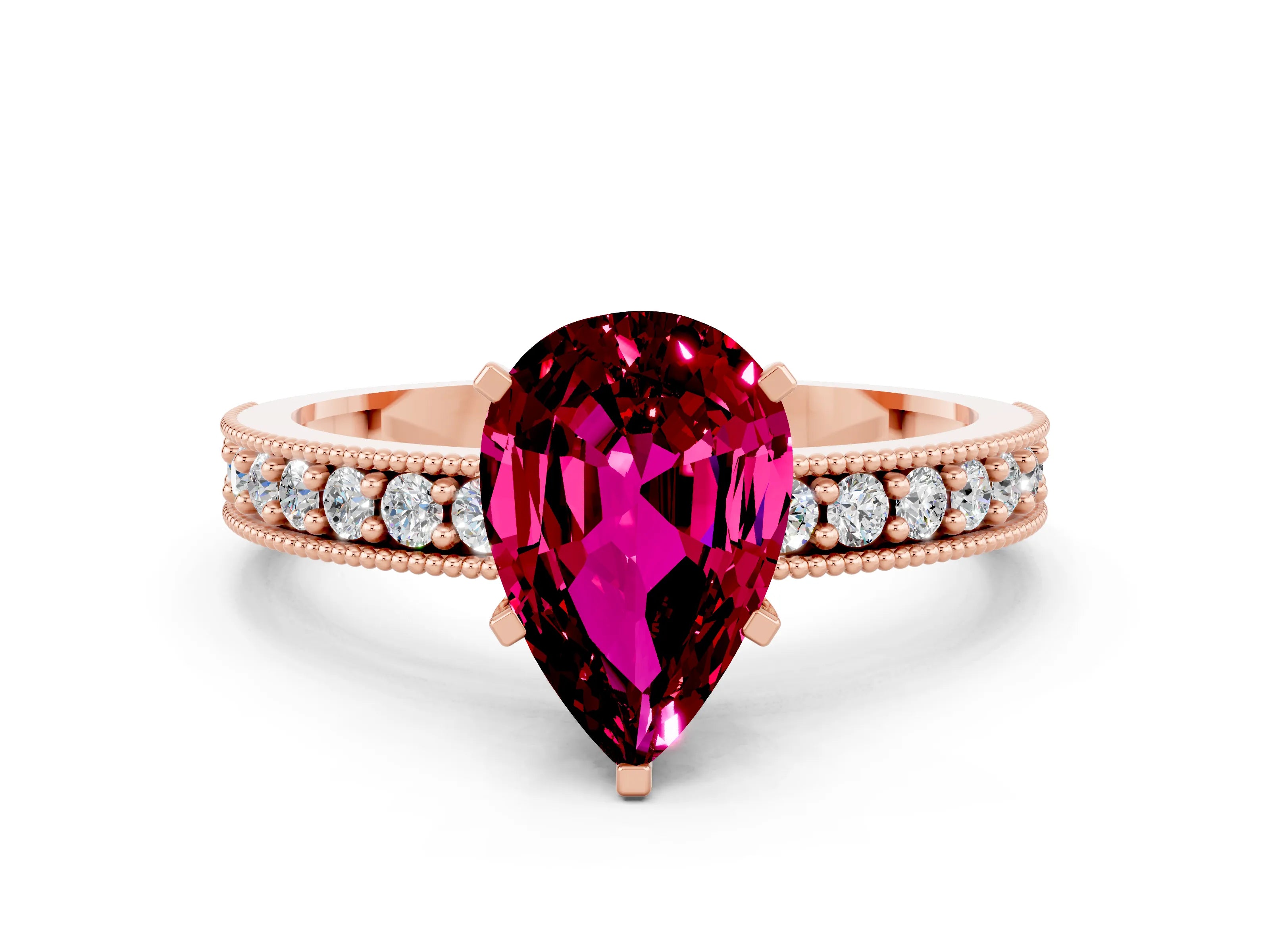 Rose gold Pear Cut Garnet Milgrain Pavé Engagement Ring with Four-Prong Setting