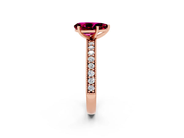 Rose gold Pear Cut Garnet Milgrain Pavé Engagement Ring with Four-Prong Setting