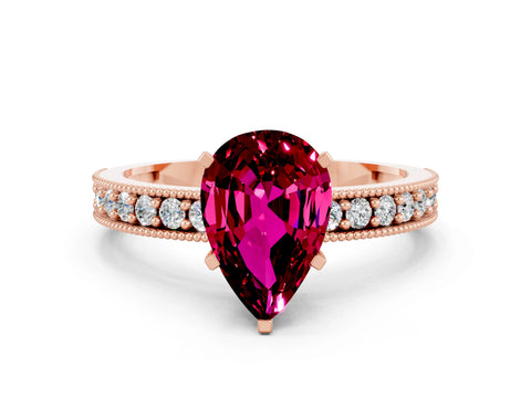 Rose gold Pear Cut Garnet Milgrain Pavé Engagement Ring with Four-Prong Setting