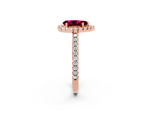 Rose gold Pear Cut Garnet Pavé Halo Ring with Four-Prong Setting