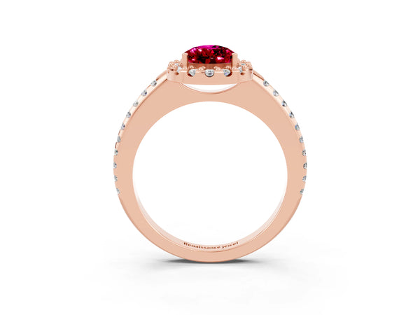 Rose gold Pear Cut Garnet Pavé Halo Ring with Four-Prong Setting