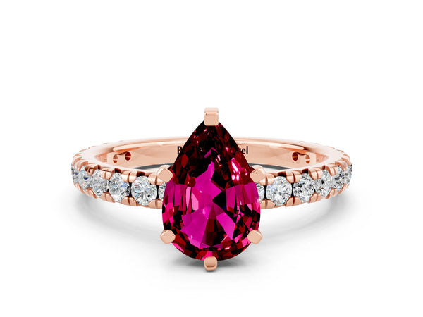 Rose gold Pear Cut Garnet Pavé Solitaire Ring with Round Band and Prong Setting