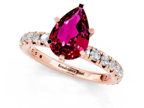 Rose gold Pear Cut Garnet Pavé Solitaire Ring with Round Band and Prong Setting