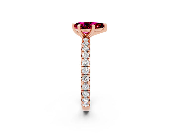 Rose gold Pear Cut Garnet Pavé Solitaire Ring with Round Band and Prong Setting