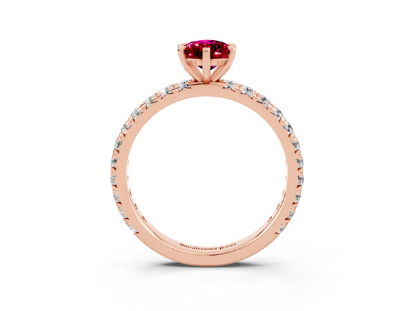 Rose gold Pear Cut Garnet Pavé Solitaire Ring with Round Band and Prong Setting