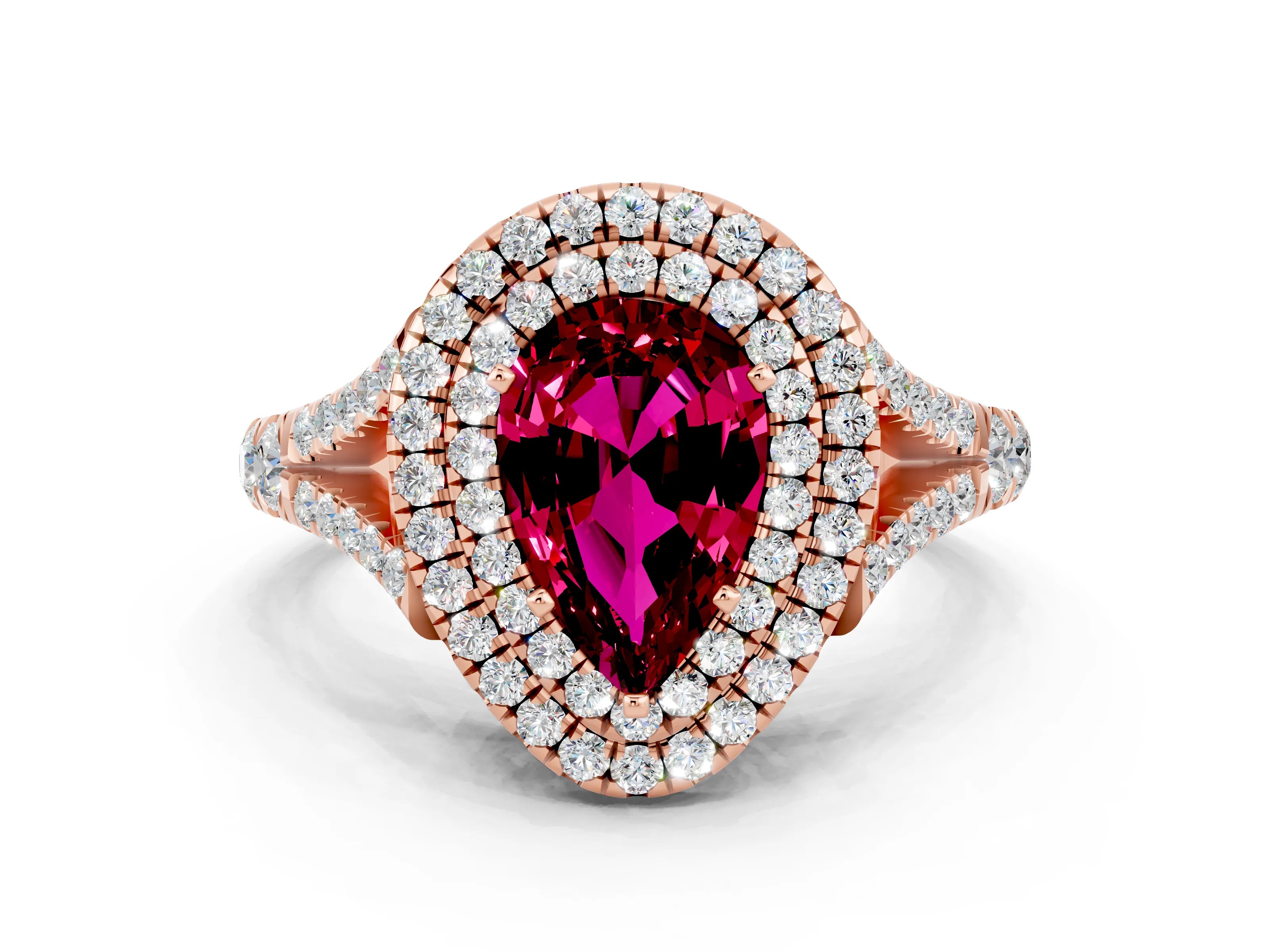 Rose gold Pear Cut Garnet Pavé Split Shank Double Halo Engagement Ring