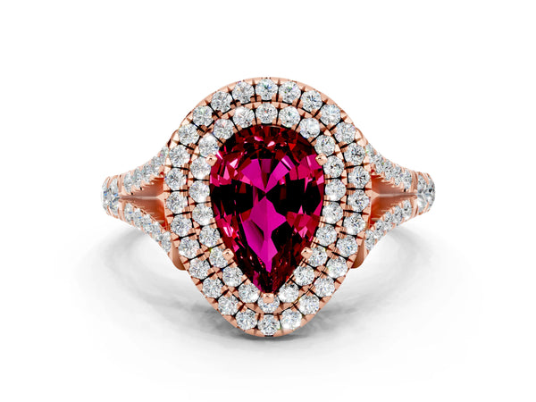 Rose gold Pear Cut Garnet Pavé Split Shank Double Halo Engagement Ring