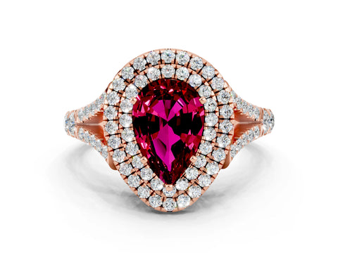 Rose gold Pear Cut Garnet Pavé Split Shank Double Halo Engagement Ring