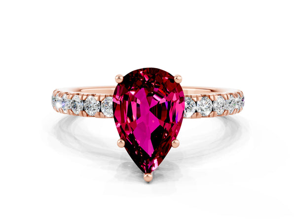 Rose gold Pear Cut Garnet Pave Band Solitaire Ring with Round  and Prong Setting