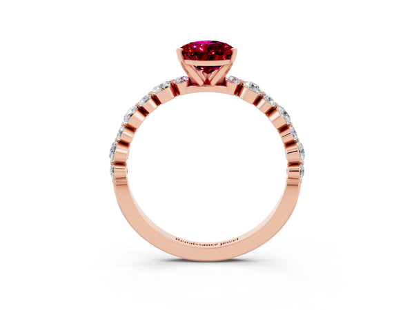 Rose gold Pear Cut Garnet Prong Set Engagement Ring with Pavé Band