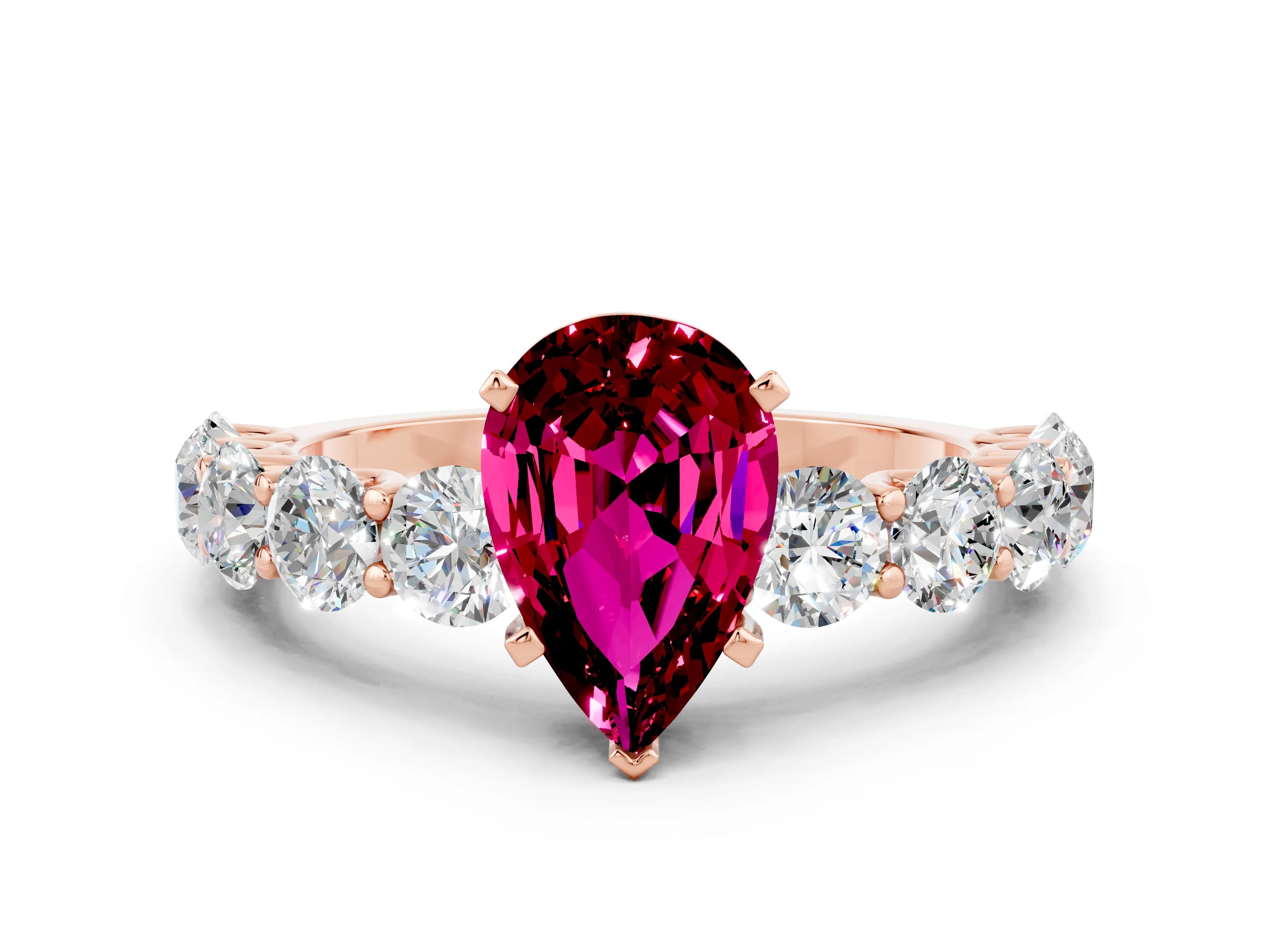 Rose gold Pear Cut Garnet Prong Setting with Side Stones on a Pave Band