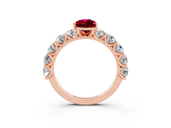 Rose gold Pear Cut Garnet Prong Setting with Side Stones on a Pave Band