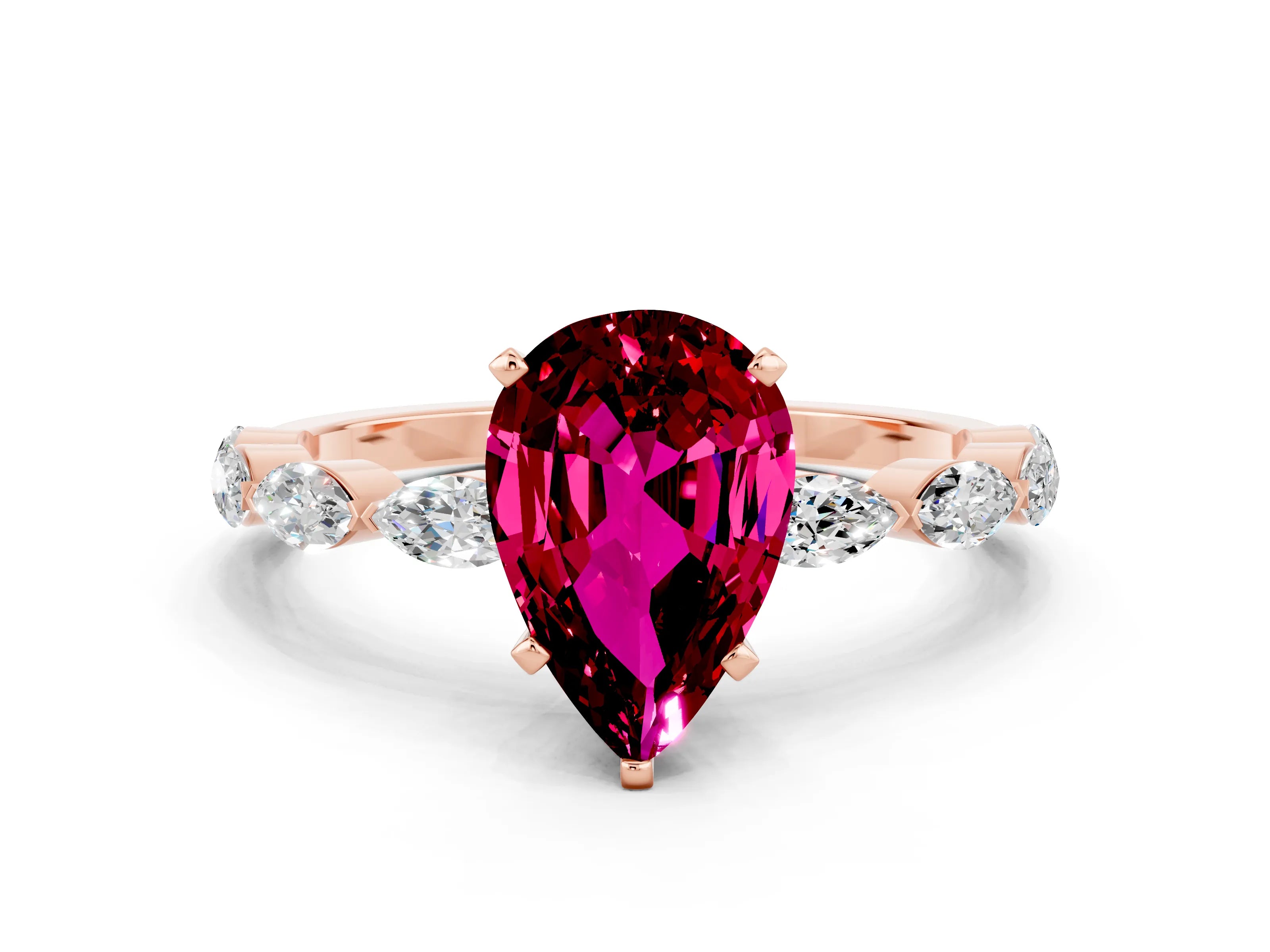 Rose gold Pear Cut Garnet Ring with Marquise Side Stones and Prong Setting