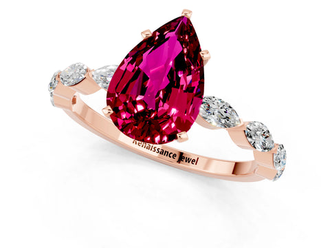 Rose gold Pear Cut Garnet Ring with Marquise Side Stones and Prong Setting_1