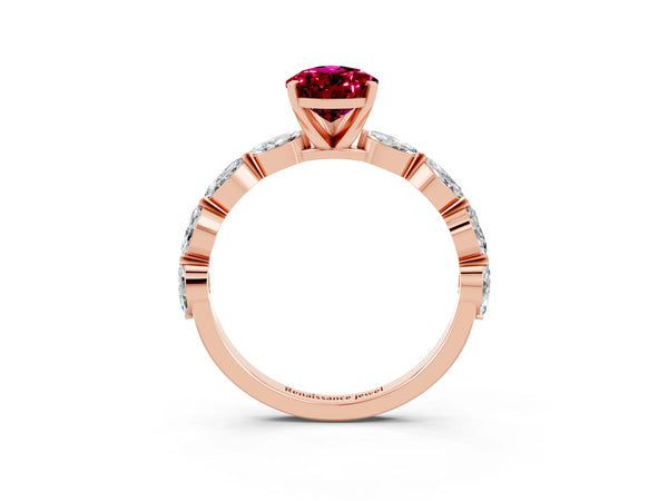 Rose gold Pear Cut Garnet Ring with Marquise Side Stones and Prong Setting