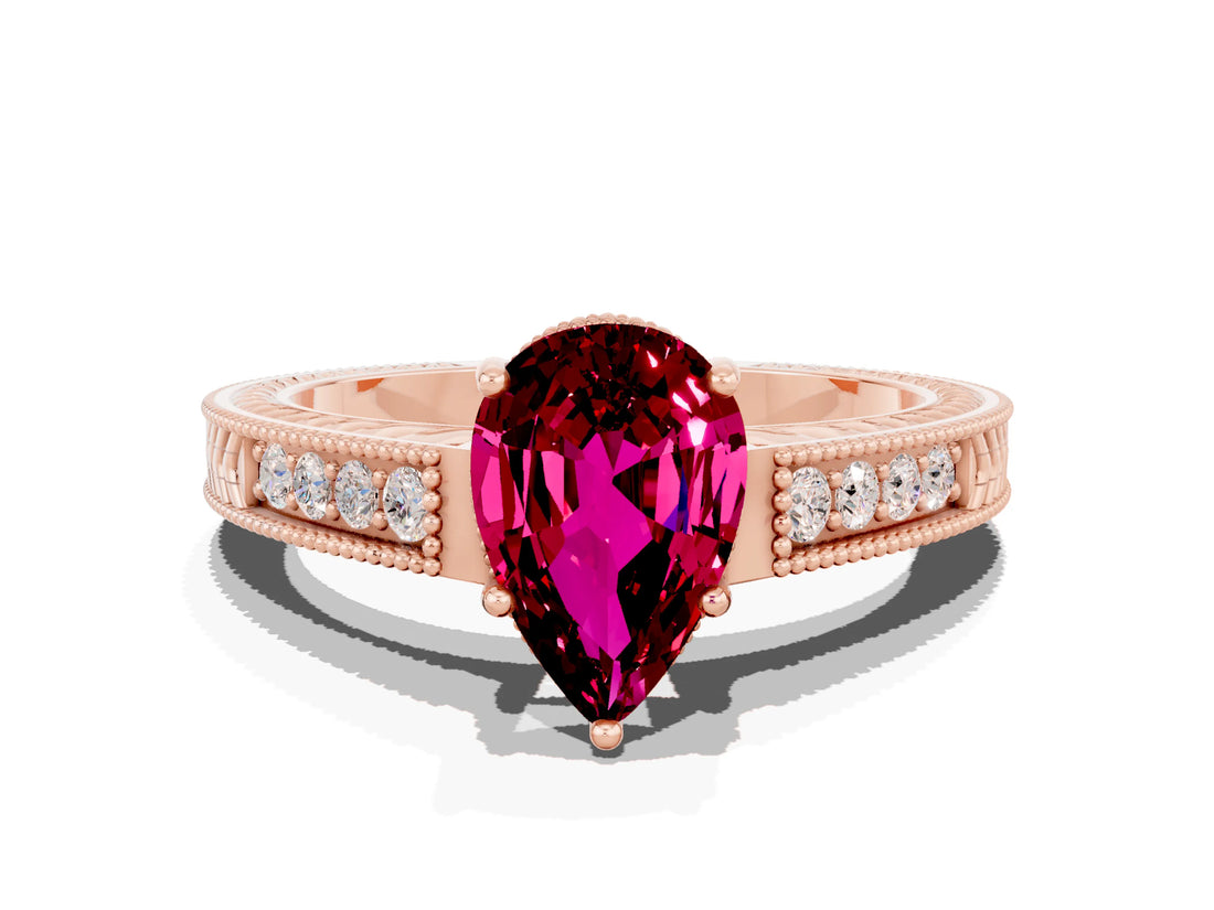 Rose gold Pear Cut Garnet Ring with Milgrain Pavé Band and Four-Prong Setting_12