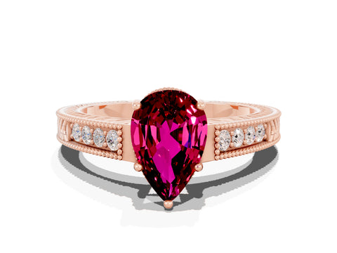 Rose gold Pear Cut Garnet Ring with Milgrain Pavé Band and Four-Prong Setting_12
