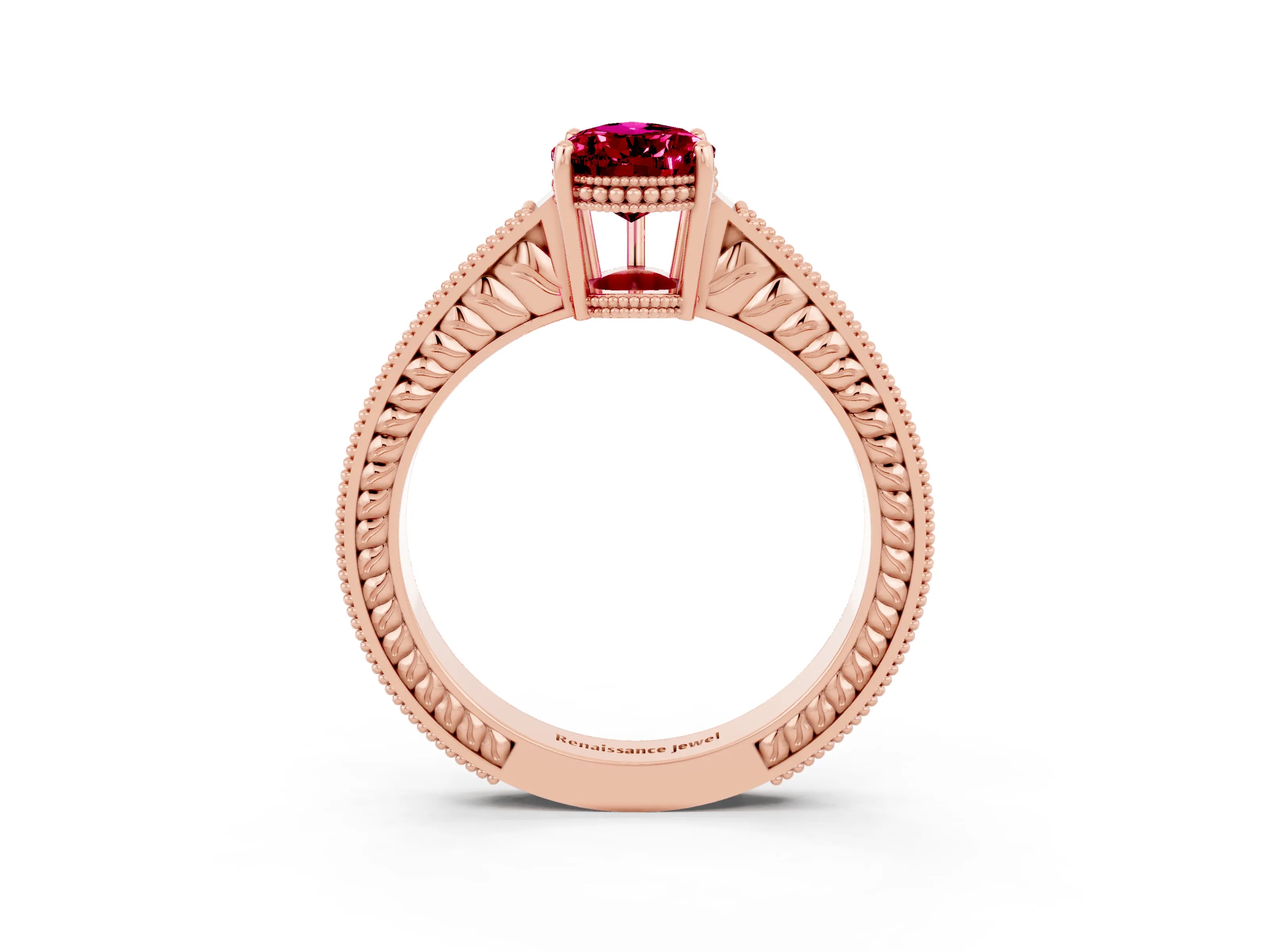 Rose gold Pear Cut Garnet Ring with Milgrain Pavé Band and Four-Prong Setting_15