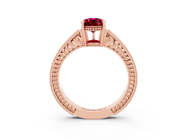 Rose gold Pear Cut Garnet Ring with Milgrain Pavé Band and Four-Prong Setting