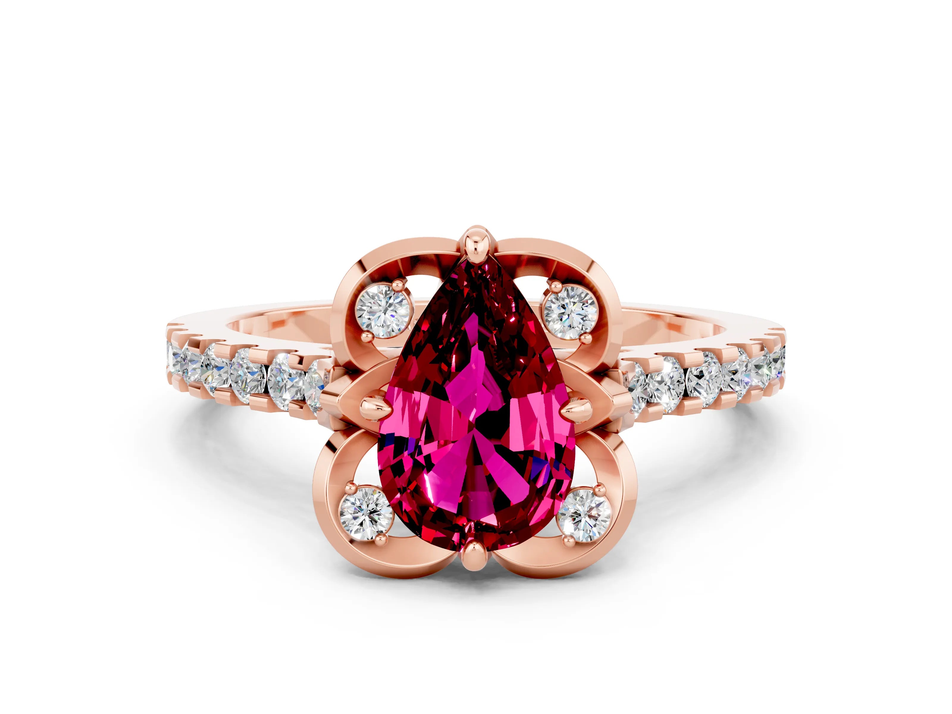 Rose gold Pear Cut Garnet Ring with Pavé Band and Floral Prong Setting