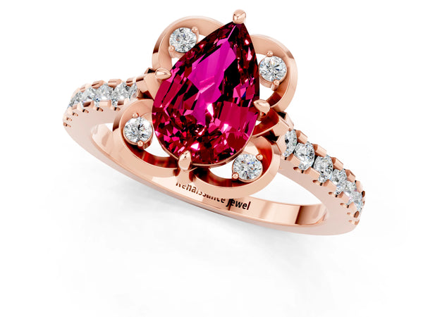 Rose gold Pear Cut Garnet Ring with Pavé Band and Floral Prong Setting
