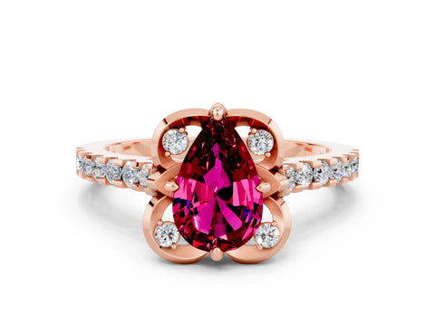 Rose gold Pear Cut Garnet Ring with Pavé Band and Floral Prong Setting