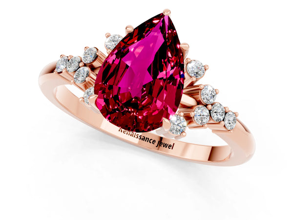 Rose gold Pear Cut Garnet Ring with Side Stones and Four-Prong Setting